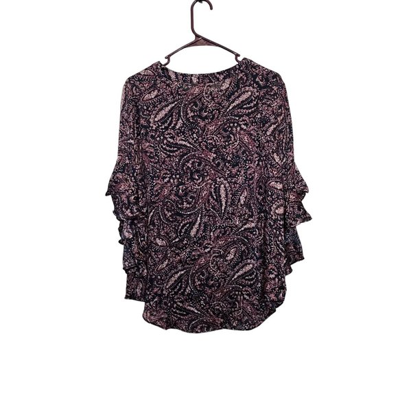 Vince Camuto Womens Size Large Purple Paisley Ruffled Bell Sleeve Popover Blouse - Picture 2 of 13